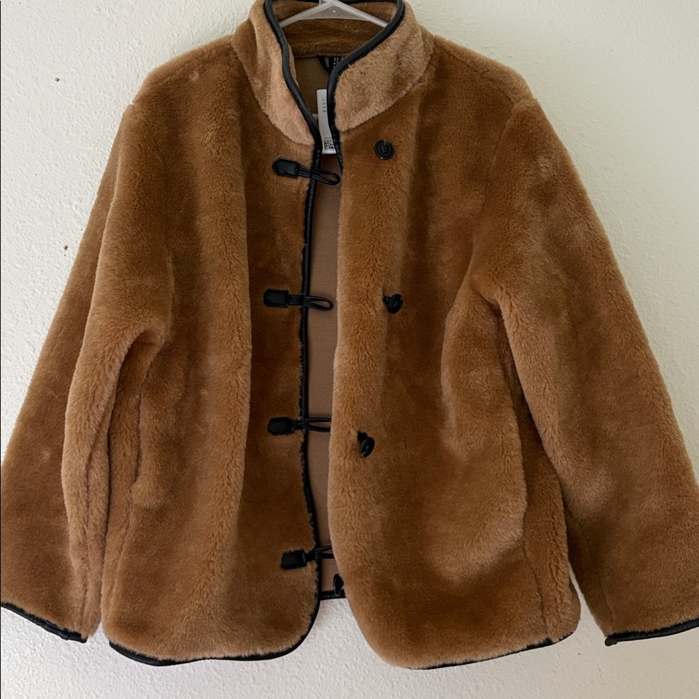Brown Faux Fur Jacket with Black Trim